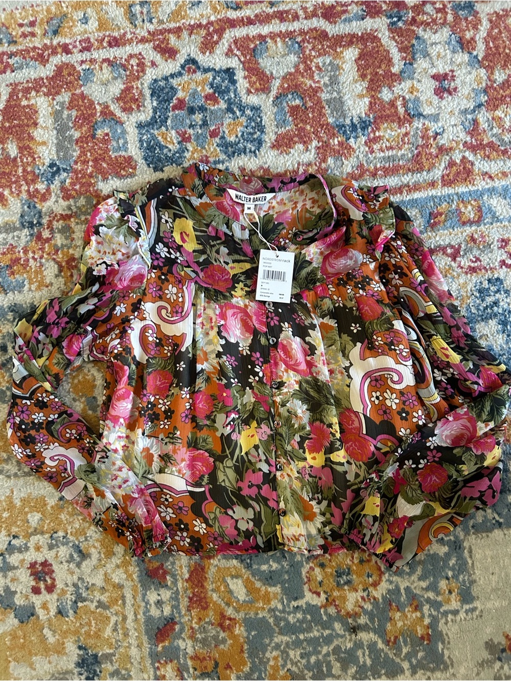 NWT Walter Baker Floral Puff Sleeve Blouse - Pink, Orange, Green, Cream - Picture 6 of 7